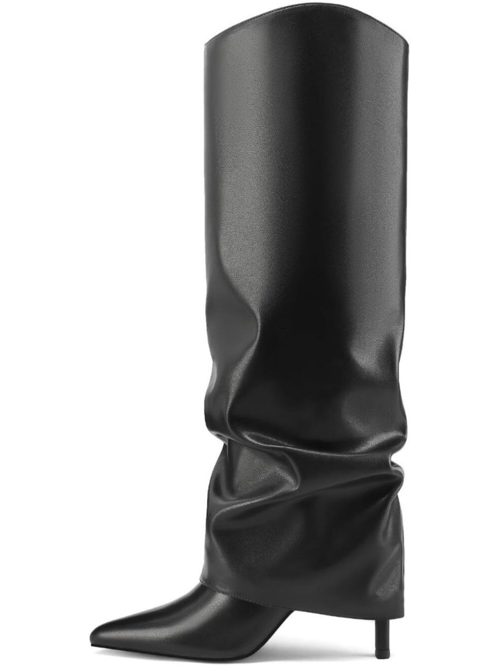 Women's Black Fold Over Knee High Boots Pointed Toe Slouch Long Boots Stilettos